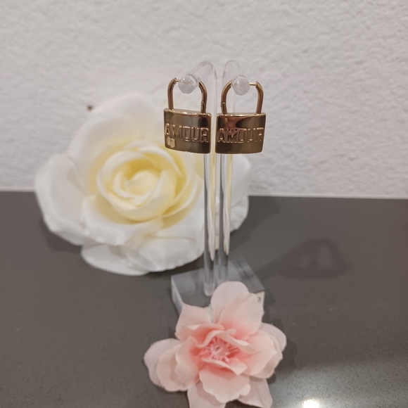 AMOUR Inscription • Gold Stainless Steel • Padlock-Style Thin Earrings - Picture 4 of 8